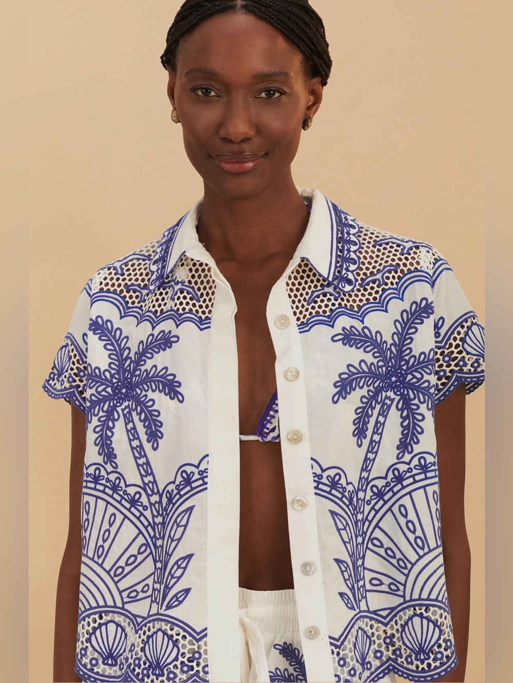 ๐ NWOT Farm Rio Size M Blue Palm Trees Richelieu Collared Shirt 100% Cotton Boho - Picture 2 of 16